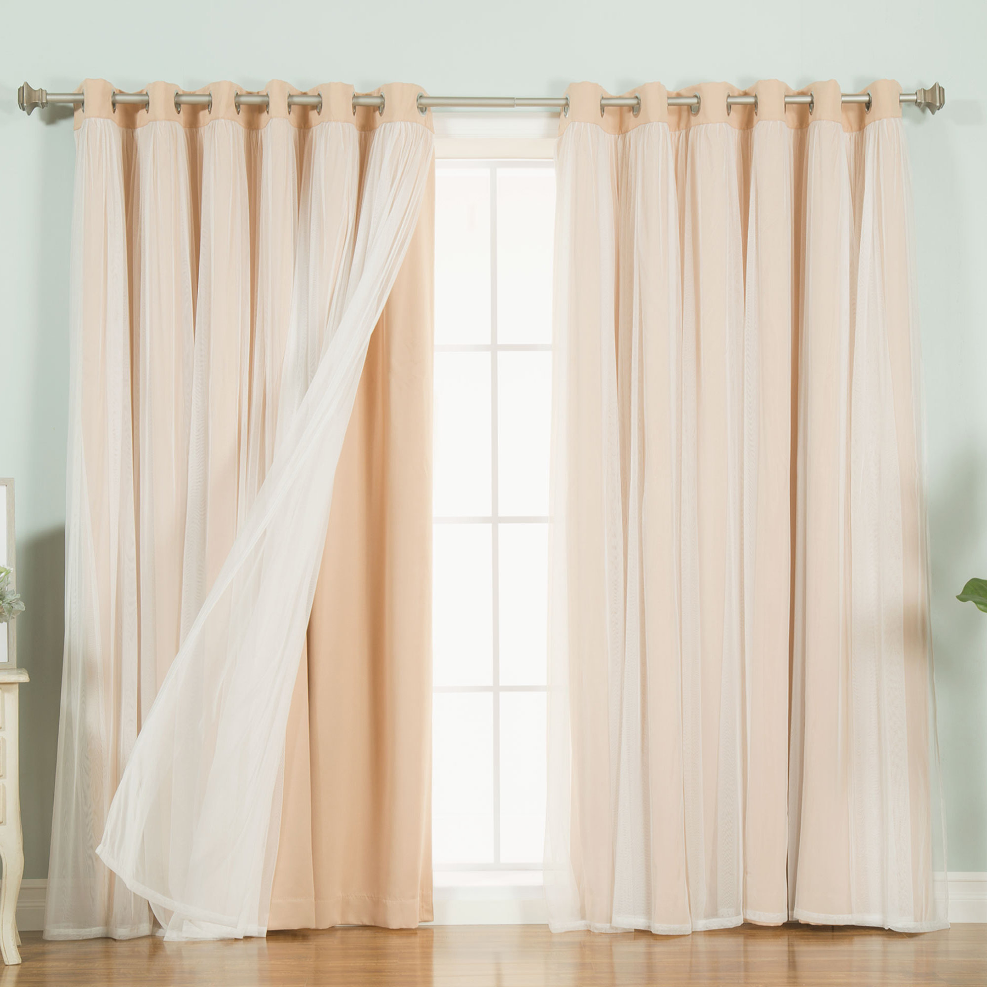 Lace Tulle Overlay Solid Blackout Thermal Grommet Single Curtain Panel